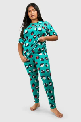 Plus Contrast Leopard Graphic T-Shirt & Pants Pajama Set