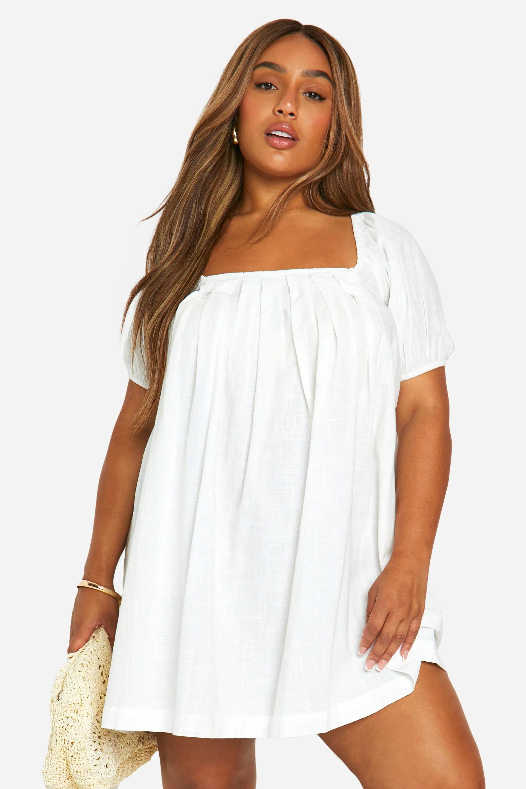 Plus Cotton Blend Puff Sleeve Smock Dress