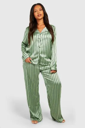 Plus Green Stripe Button Shirt Pj Pants Set