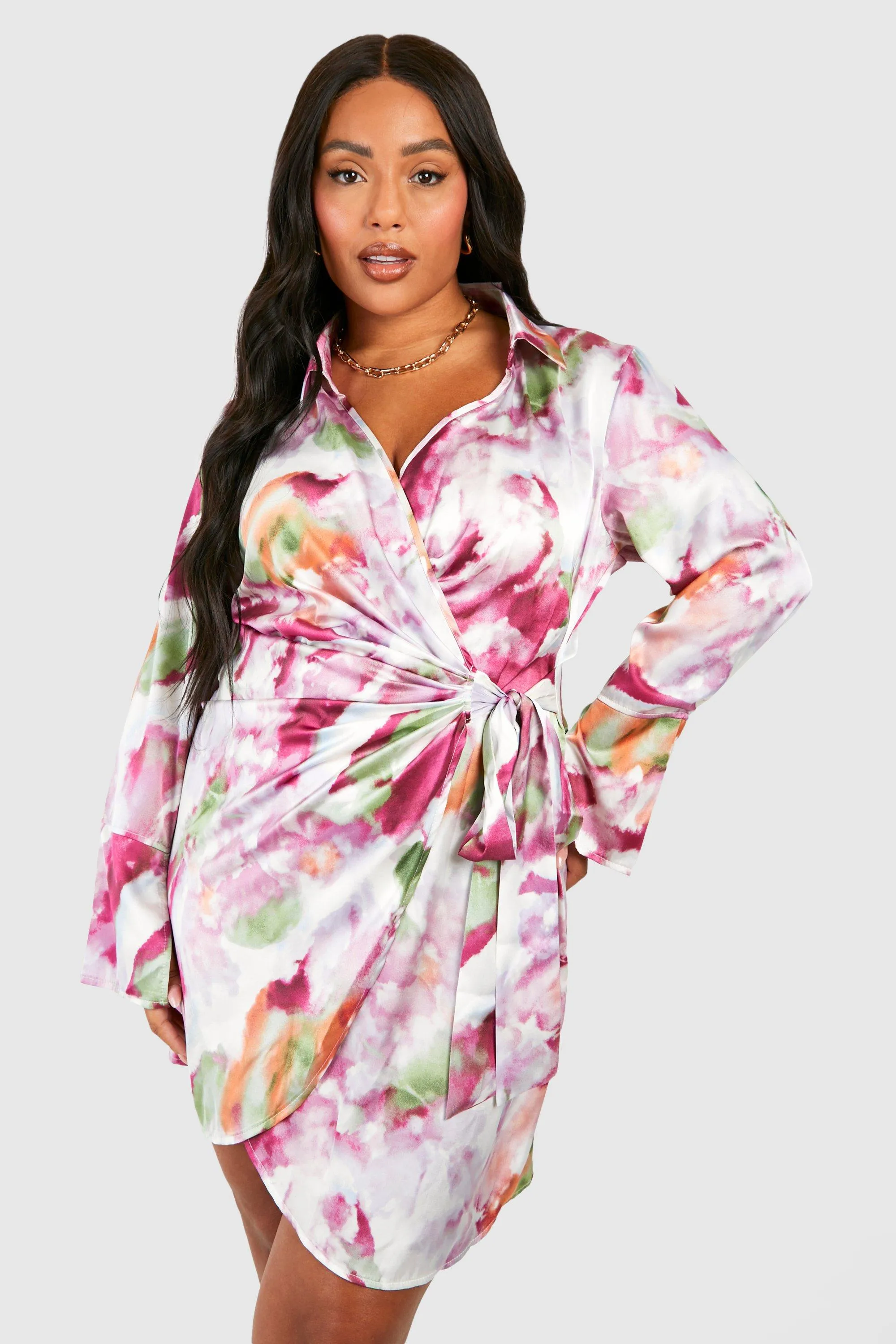 Plus Marble Print Wrap Shirt Dress