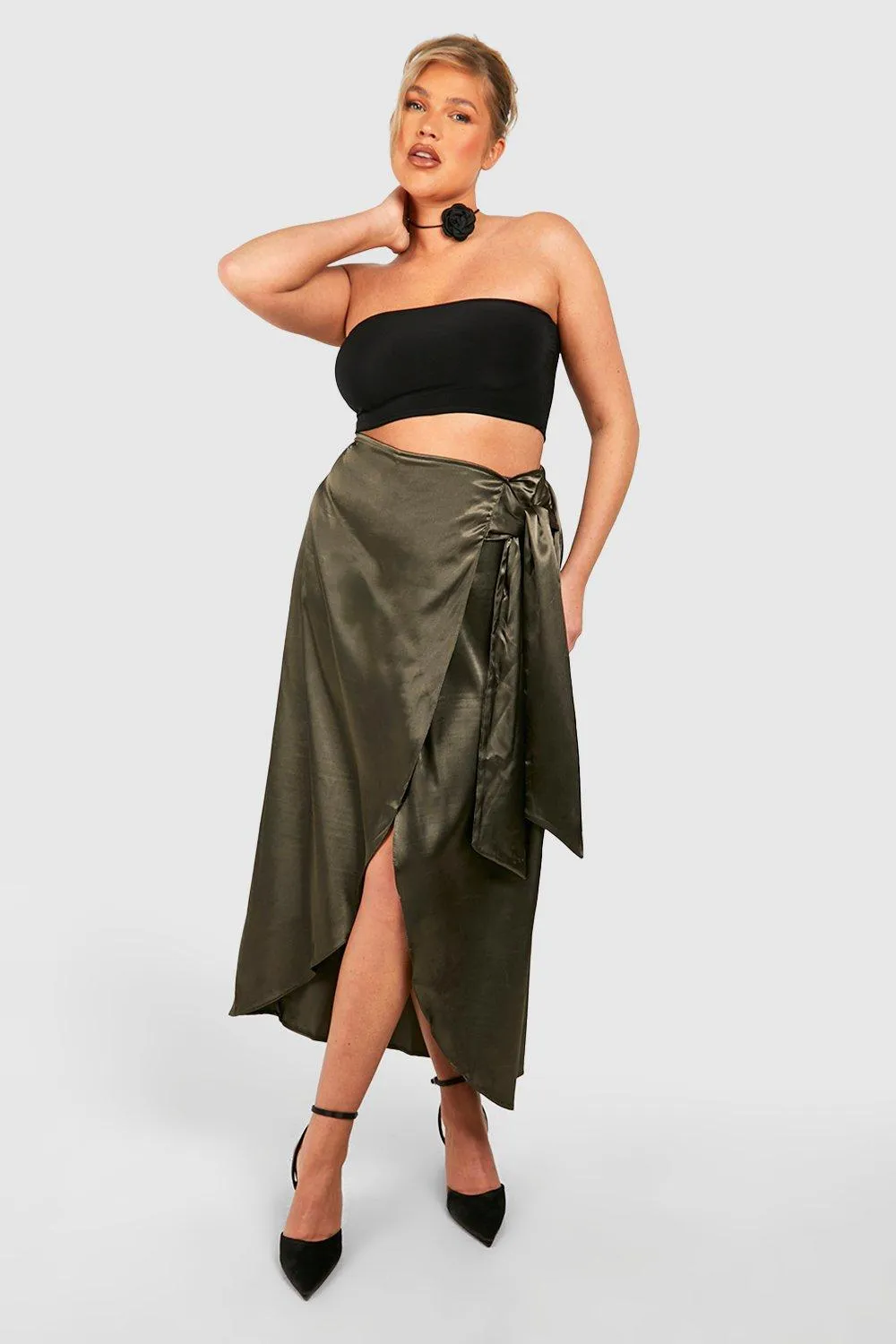 Plus Satin Wrap Detail Midi Skirt