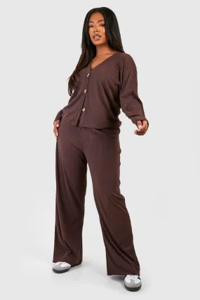 Plus Soft Rib Cardigan And Pants Set