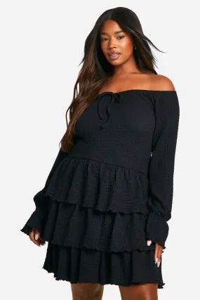 Plus Textured Off Shoulder Milkmaid Ruffle Skater Dress