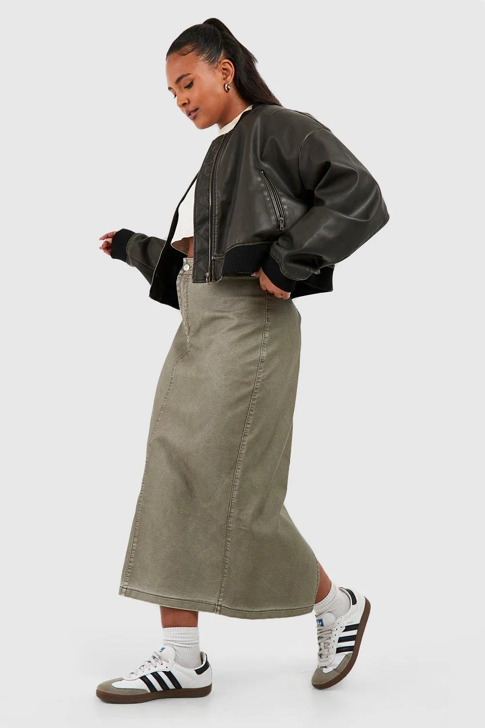 Plus Vintage Look Faux Leather Midi Skirt