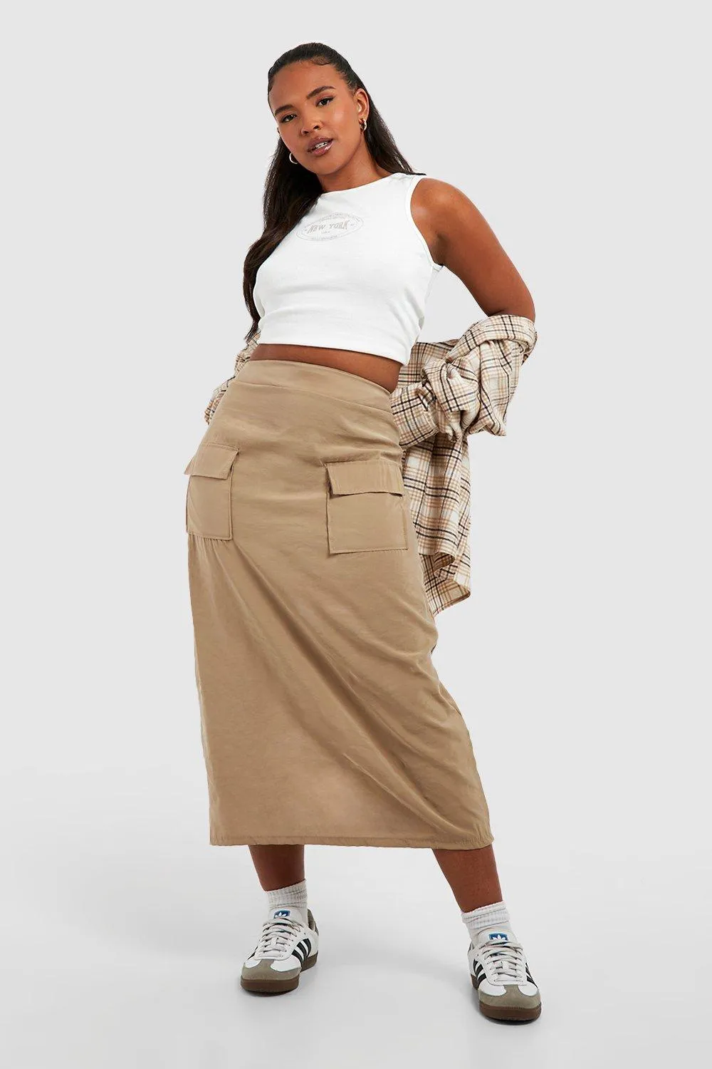 Plus Woven Pocket Detail Cargo Midi Skirt