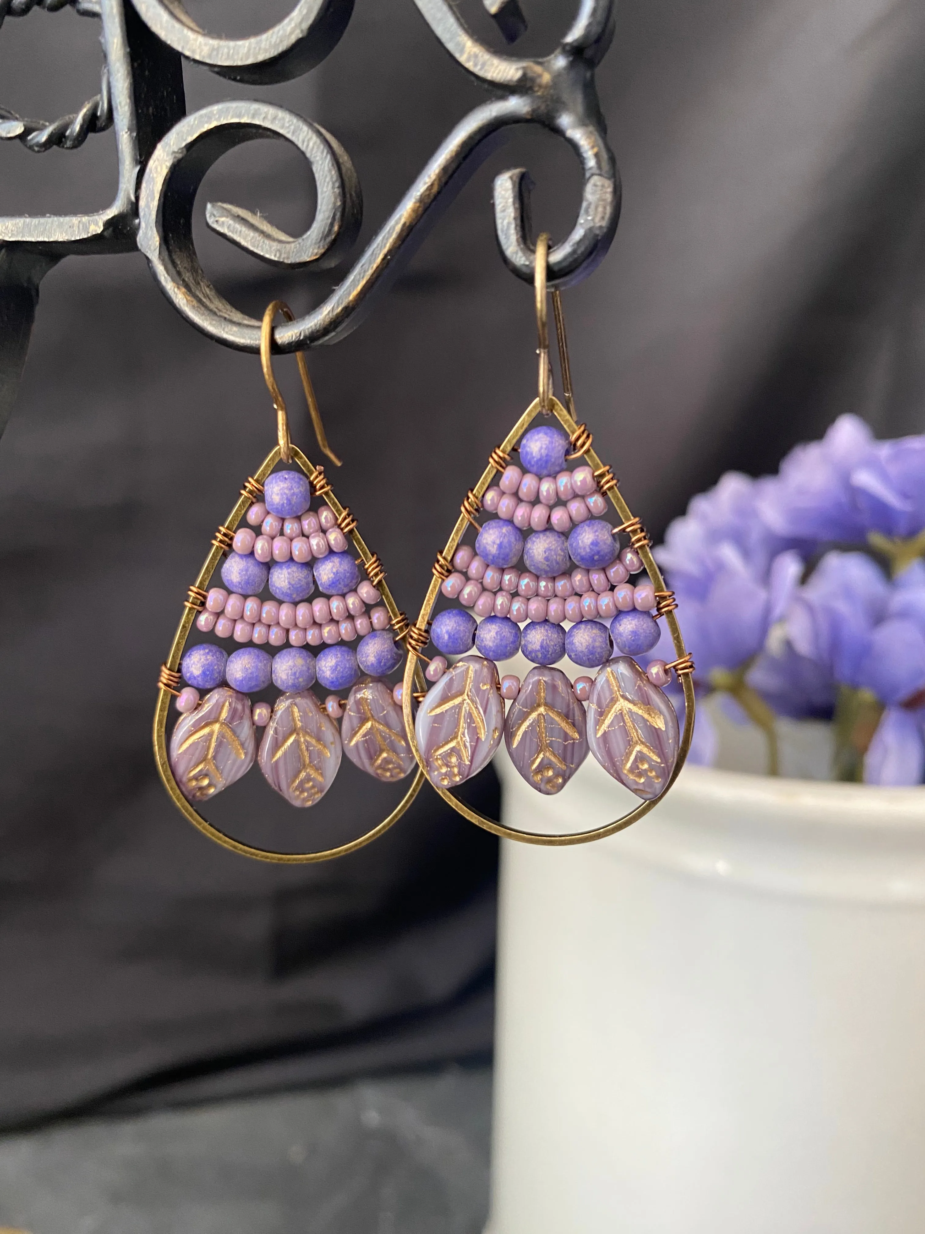 Purple Czech glass leaves, seed beads, hoop, wire wrapped, earrings