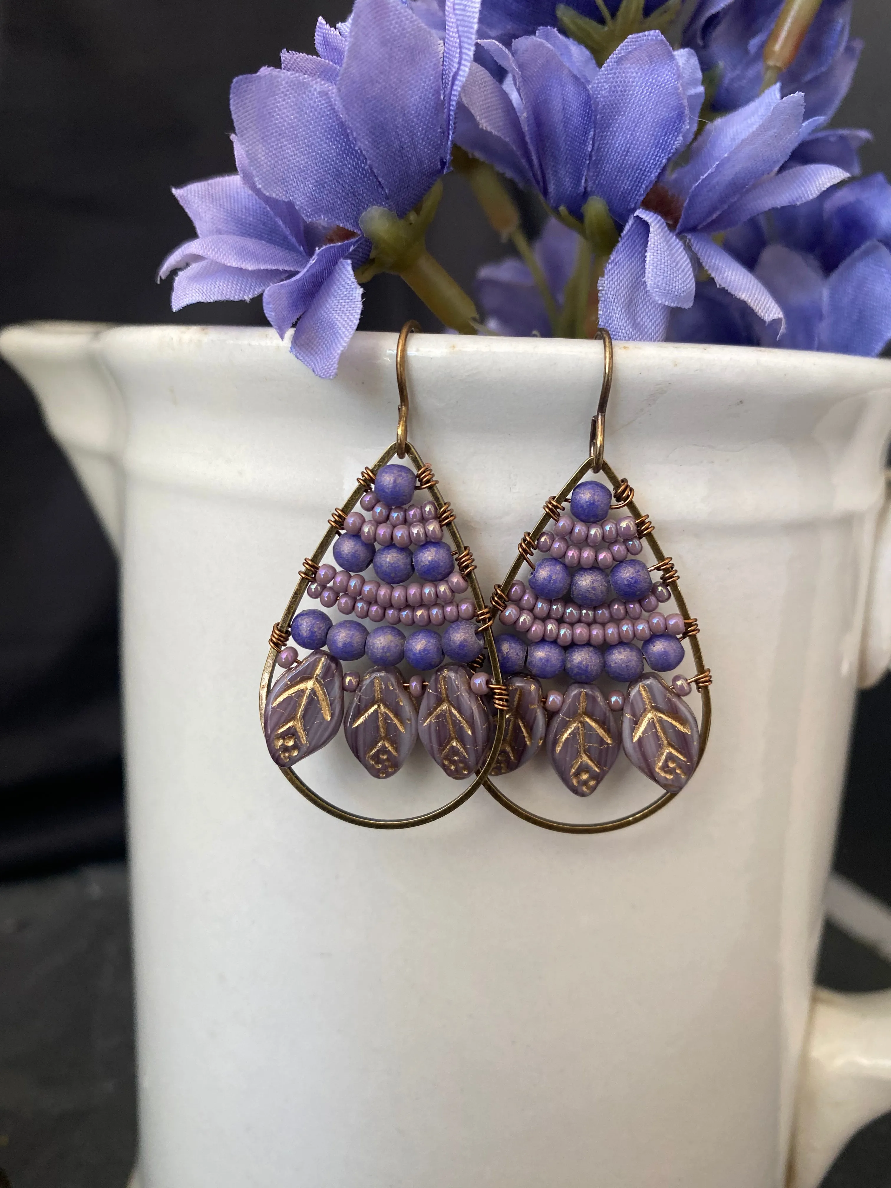 Purple Czech glass leaves, seed beads, hoop, wire wrapped, earrings