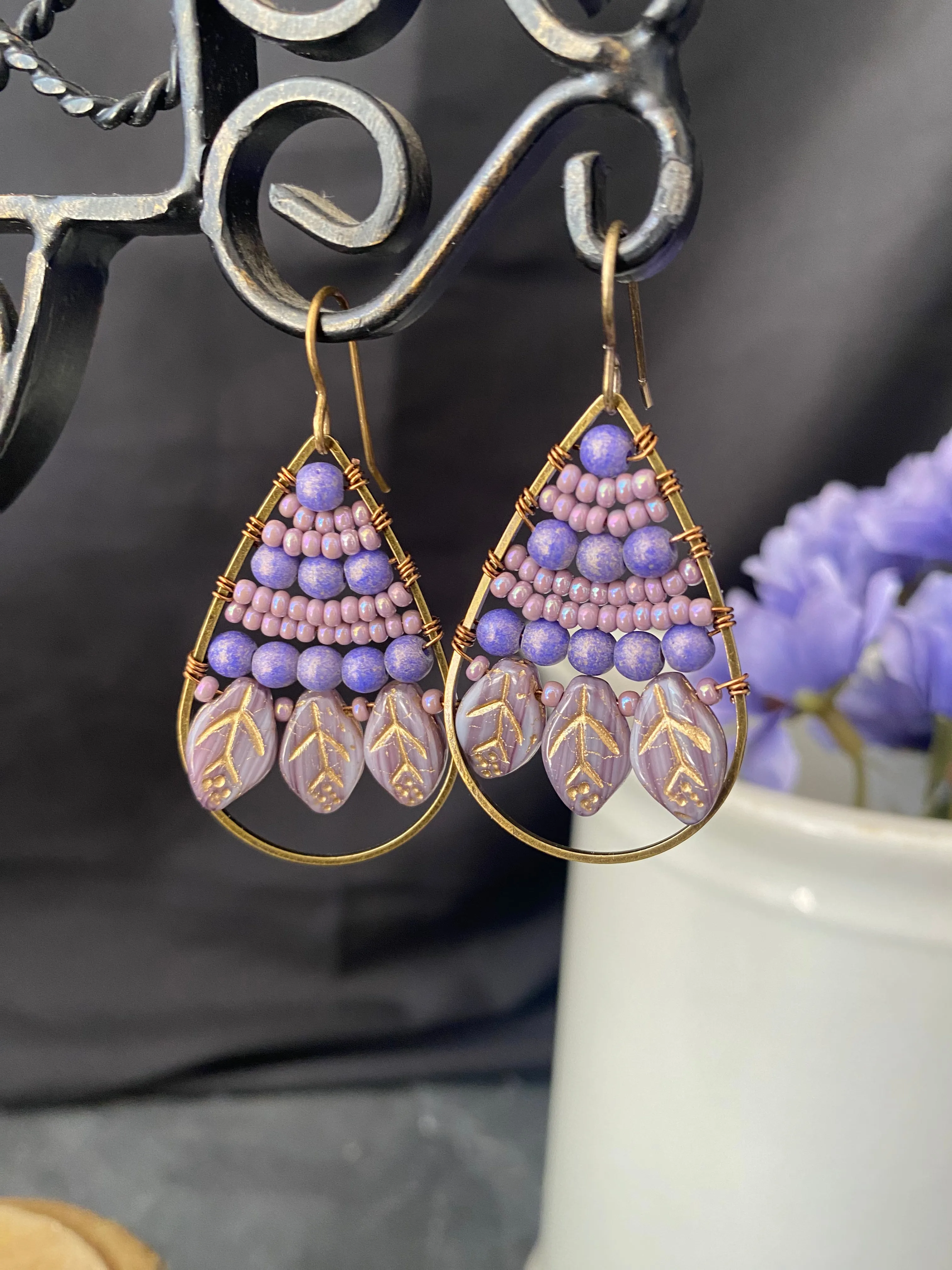 Purple Czech glass leaves, seed beads, hoop, wire wrapped, earrings