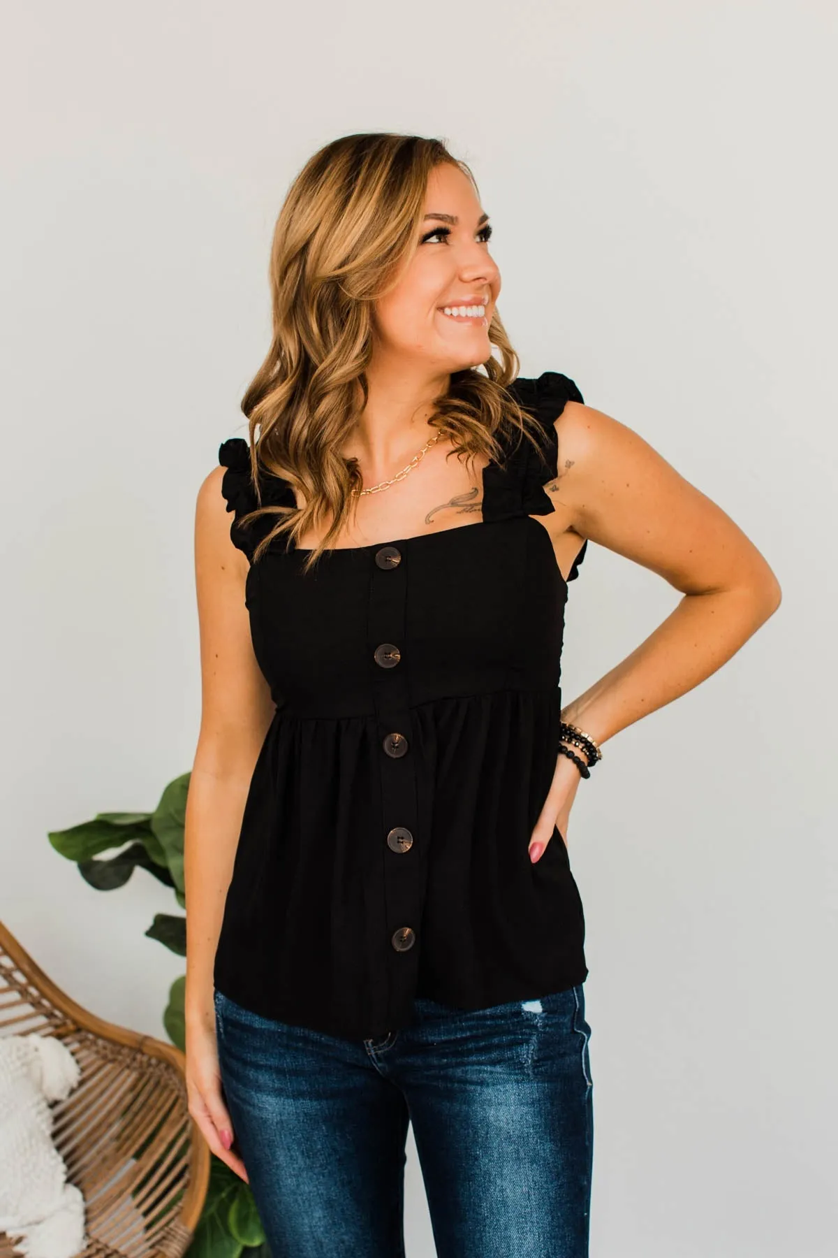 Push Your Buttons Babydoll Tank- Black