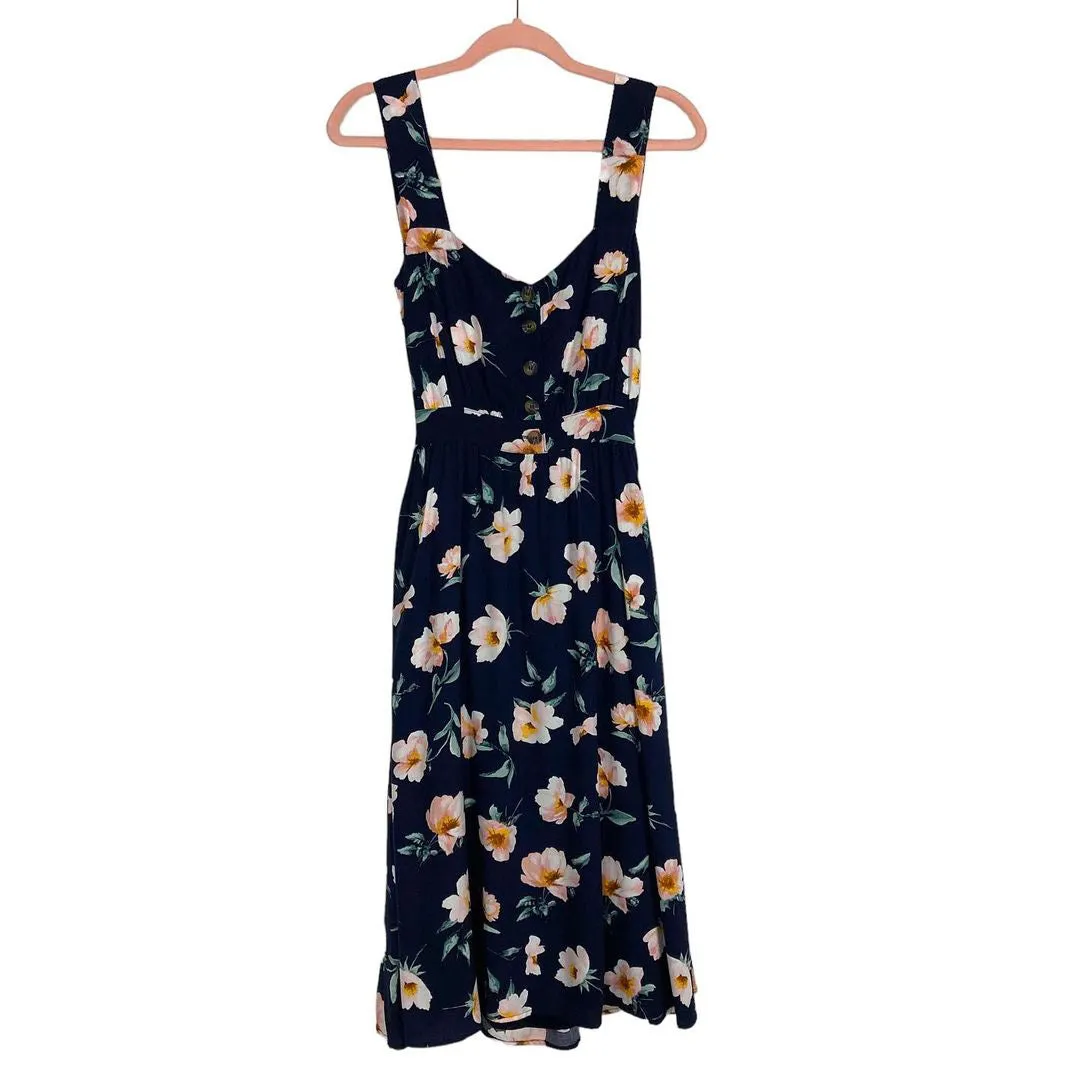 Reformation Navy Floral Button Front Exposed Back Dress- Size XS