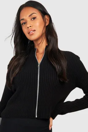 Rib Knitted Zip Through Cardigan