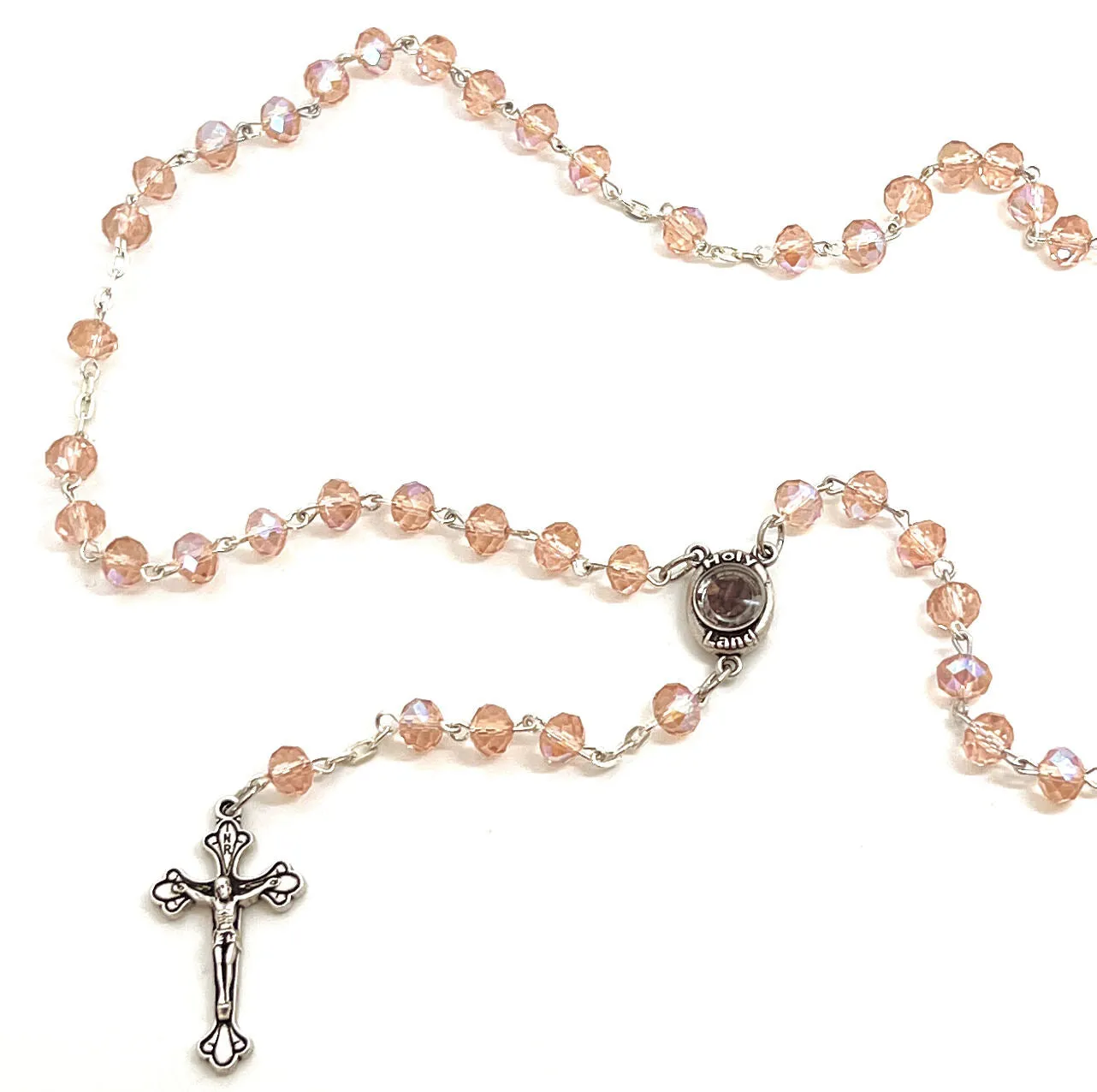 Rosary, Pink Crystal Beads, 18.5, Metal Chain, Bethlehem Handmade