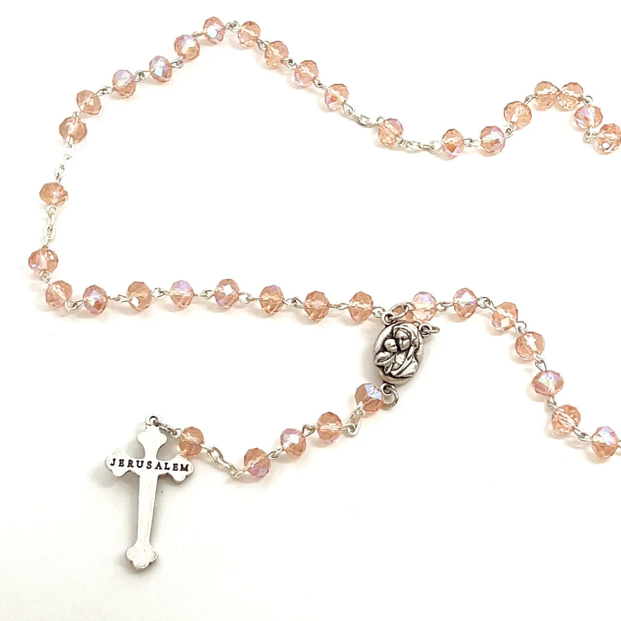 Rosary, Pink Crystal Beads, 18.5, Metal Chain, Bethlehem Handmade