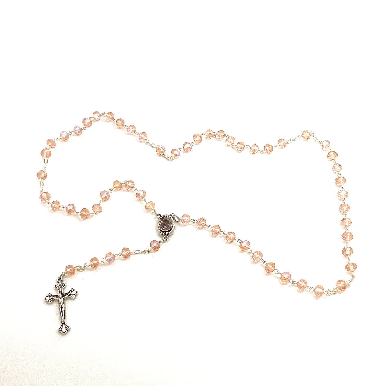 Rosary, Pink Crystal Beads, 18.5, Metal Chain, Bethlehem Handmade