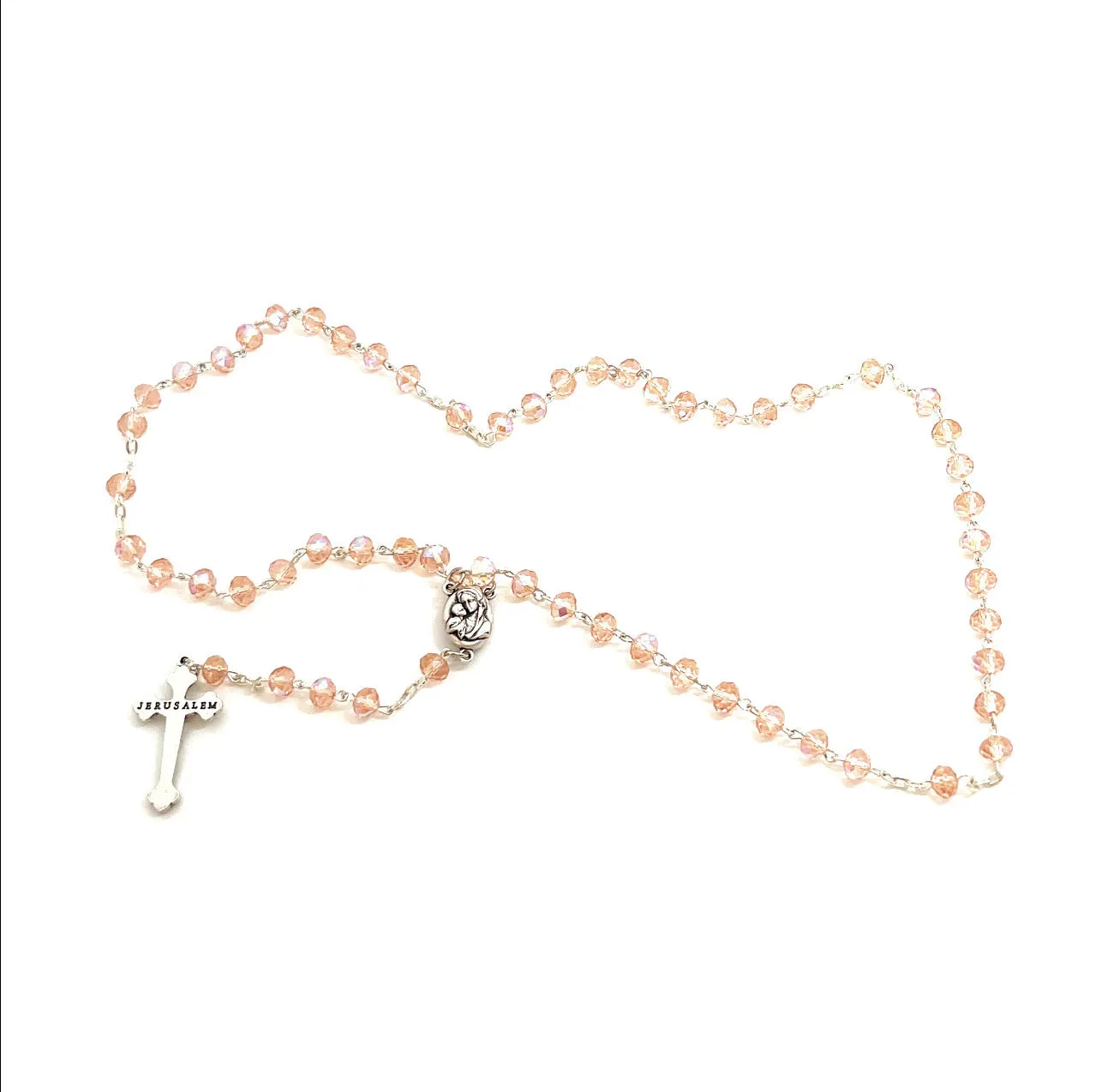 Rosary, Pink Crystal Beads, 18.5, Metal Chain, Bethlehem Handmade