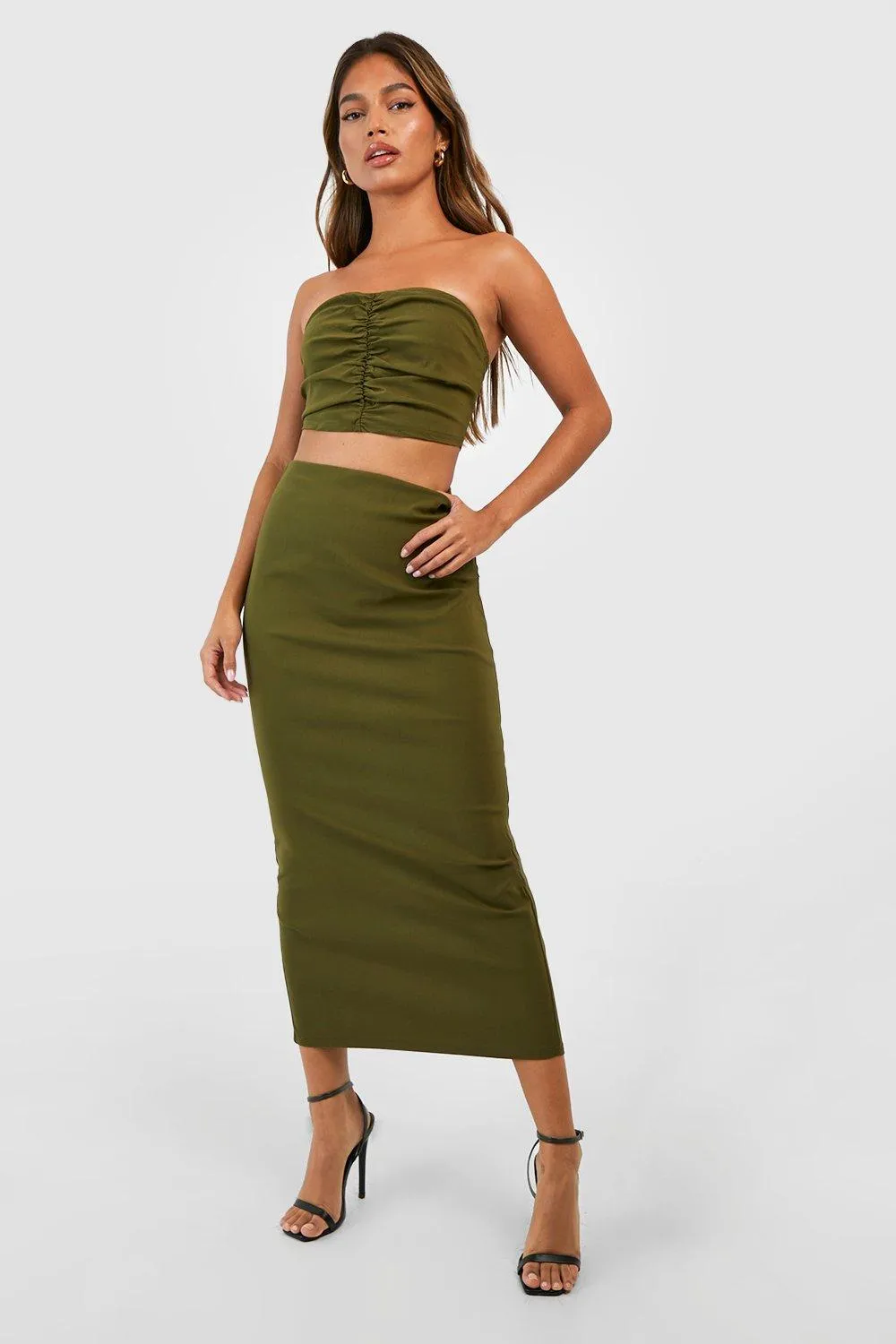 Ruched Bandeau & Split Back Column Maxi Skirt