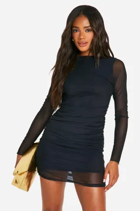 Ruched Mesh Mini Dress