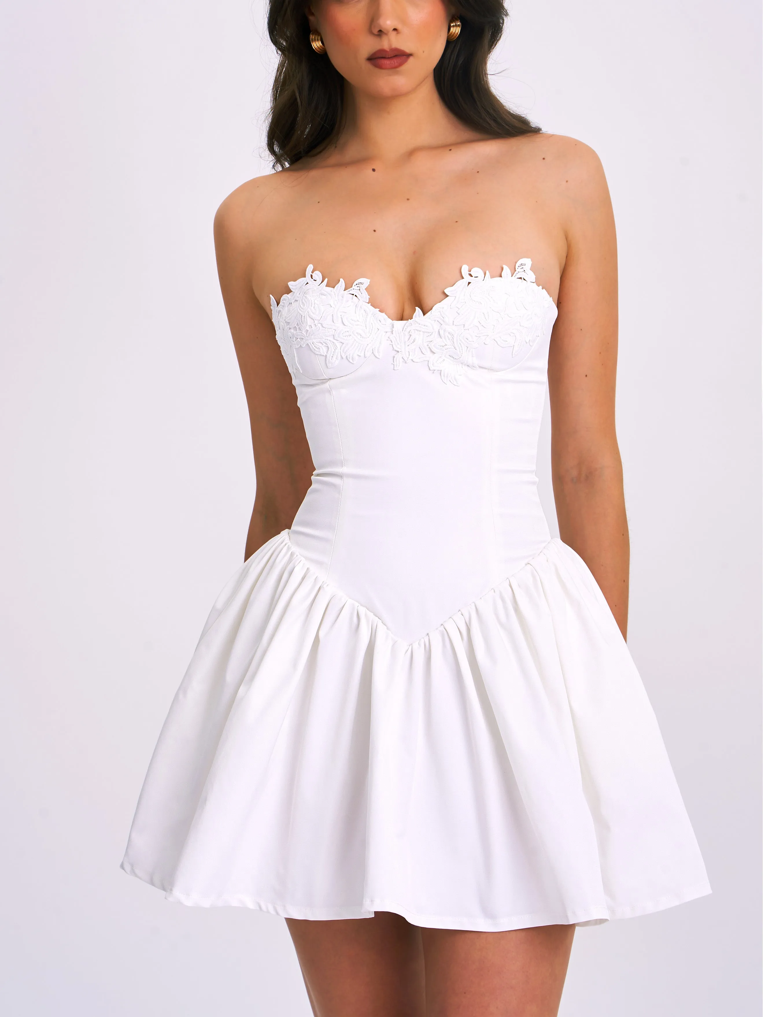 Sacha White Lace Drop Waist Corset Puffy Mini Dress