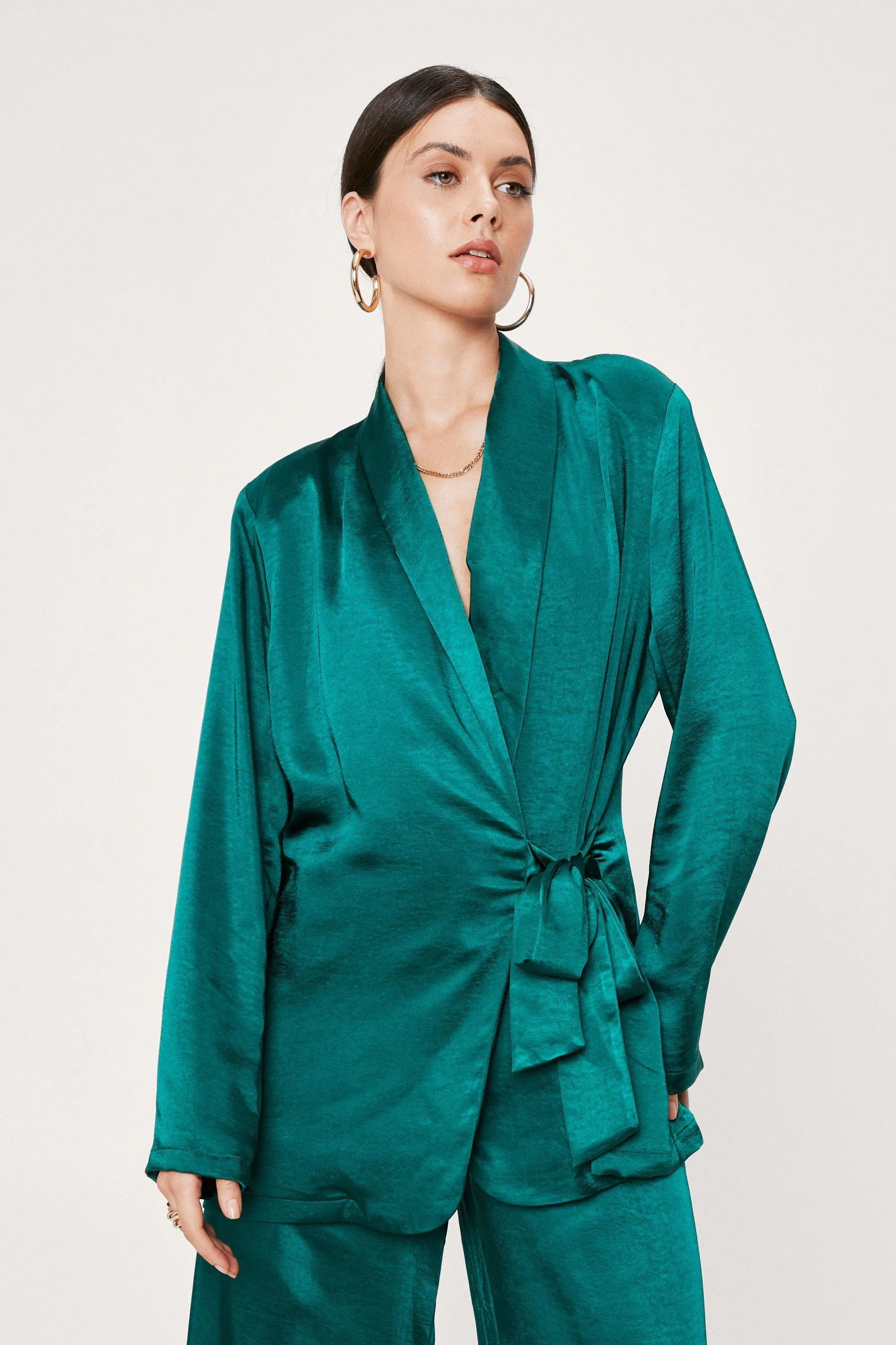 Satin Longline Draped Wrap Front Blazer