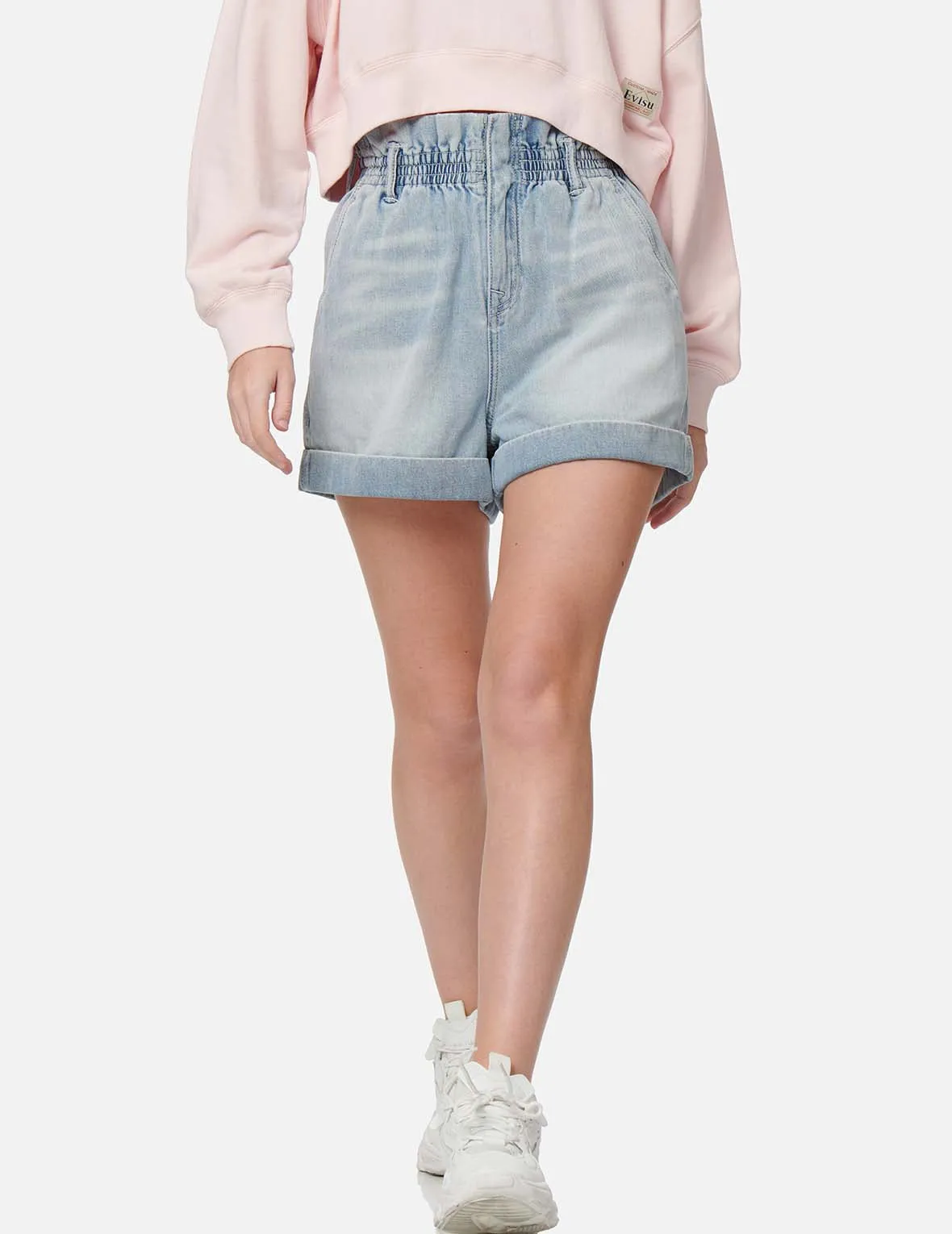 Seagull and Kamon Print Paper Bag Denim Shorts