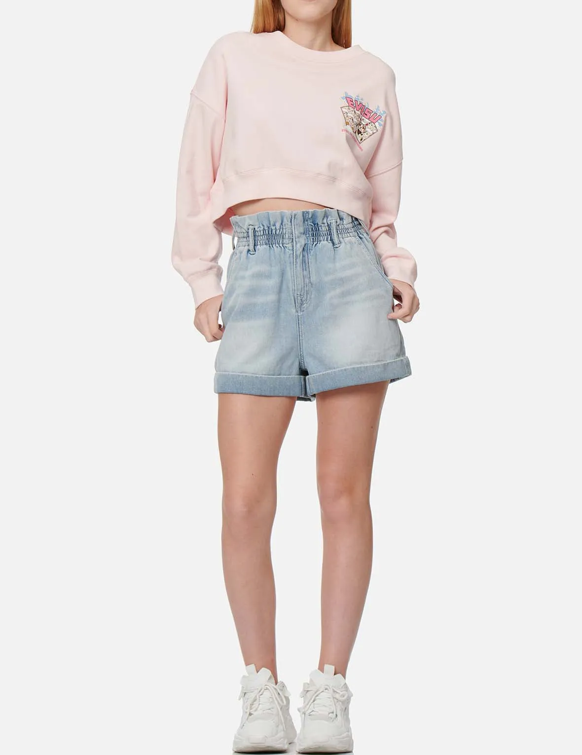 Seagull and Kamon Print Paper Bag Denim Shorts