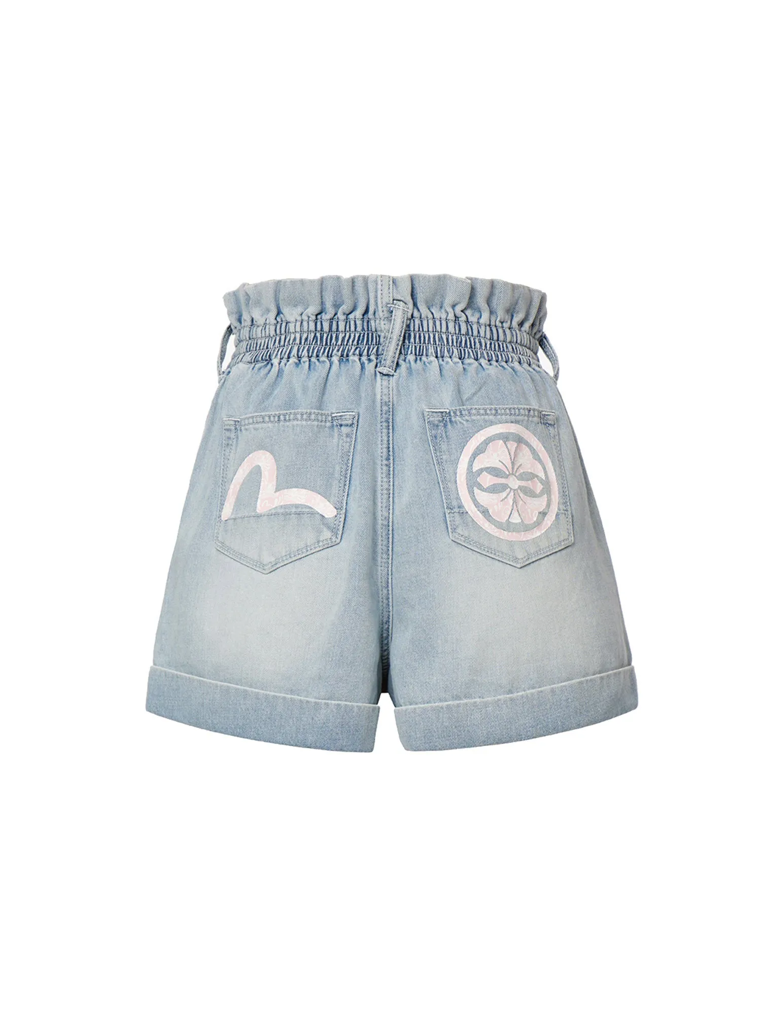 Seagull and Kamon Print Paper Bag Denim Shorts