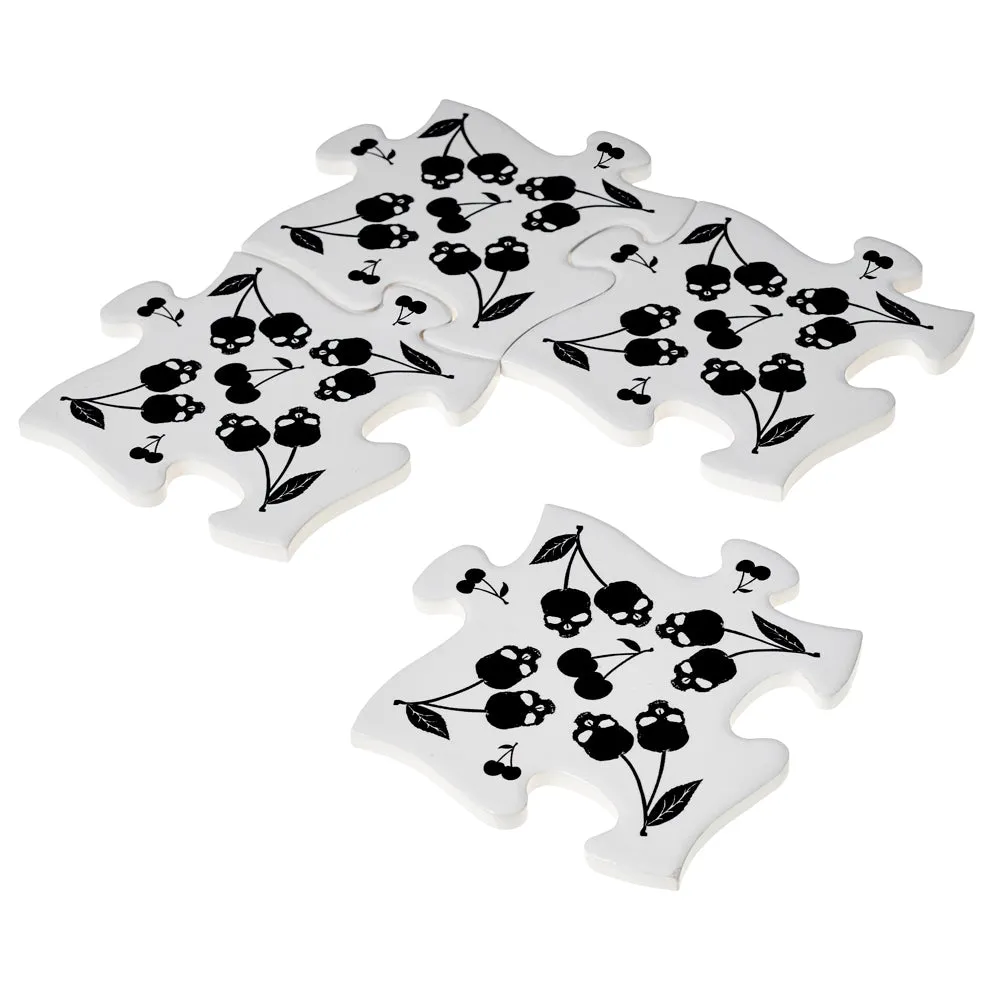 Set of 4 Coasters Black Skull Cherries