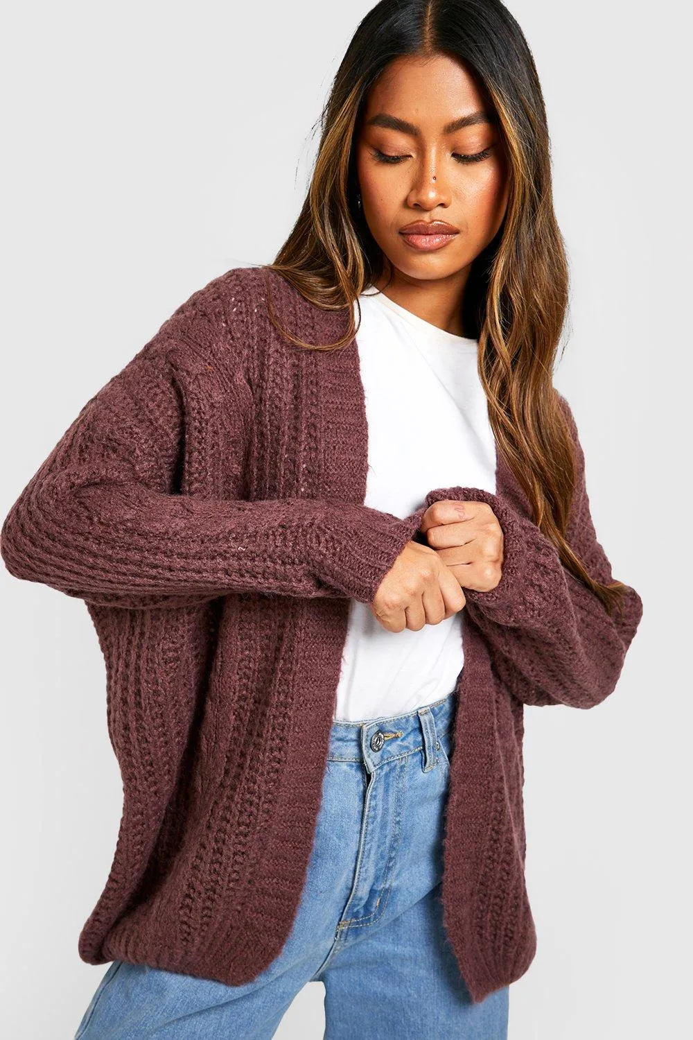 Soft Brushed Knit Cable Knit Boyfriend Cardigan