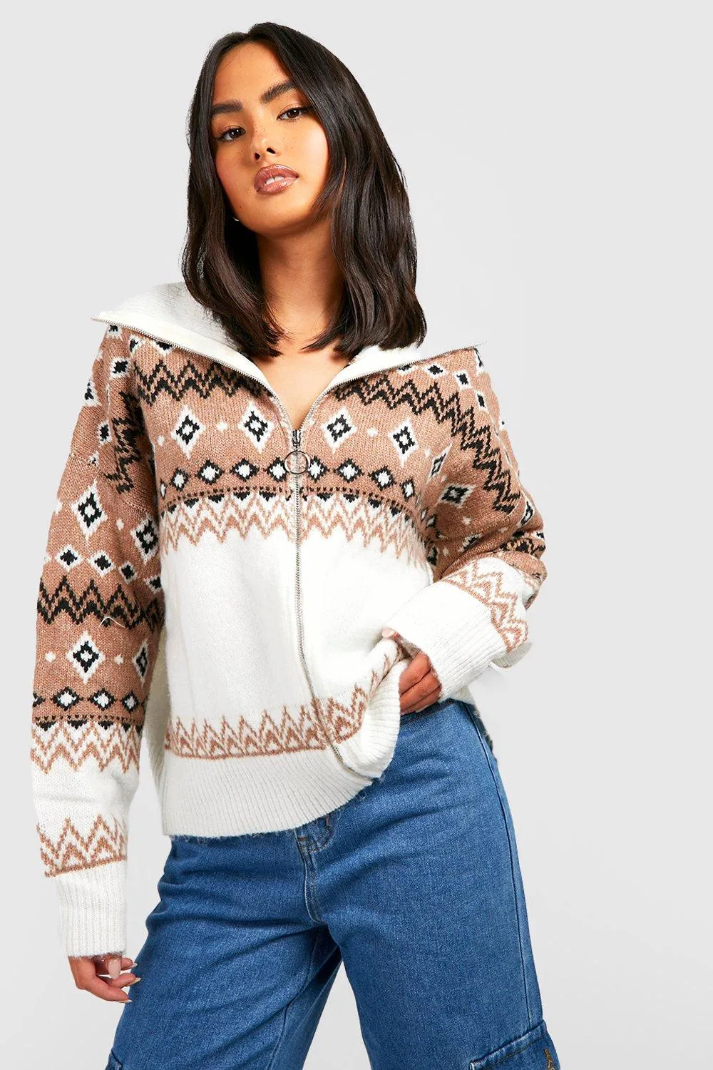 Soft Knit Fairisle Zip Through Cardigan