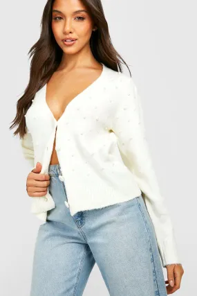 Soft Knit Pearl Embellished Cropped Cardigan