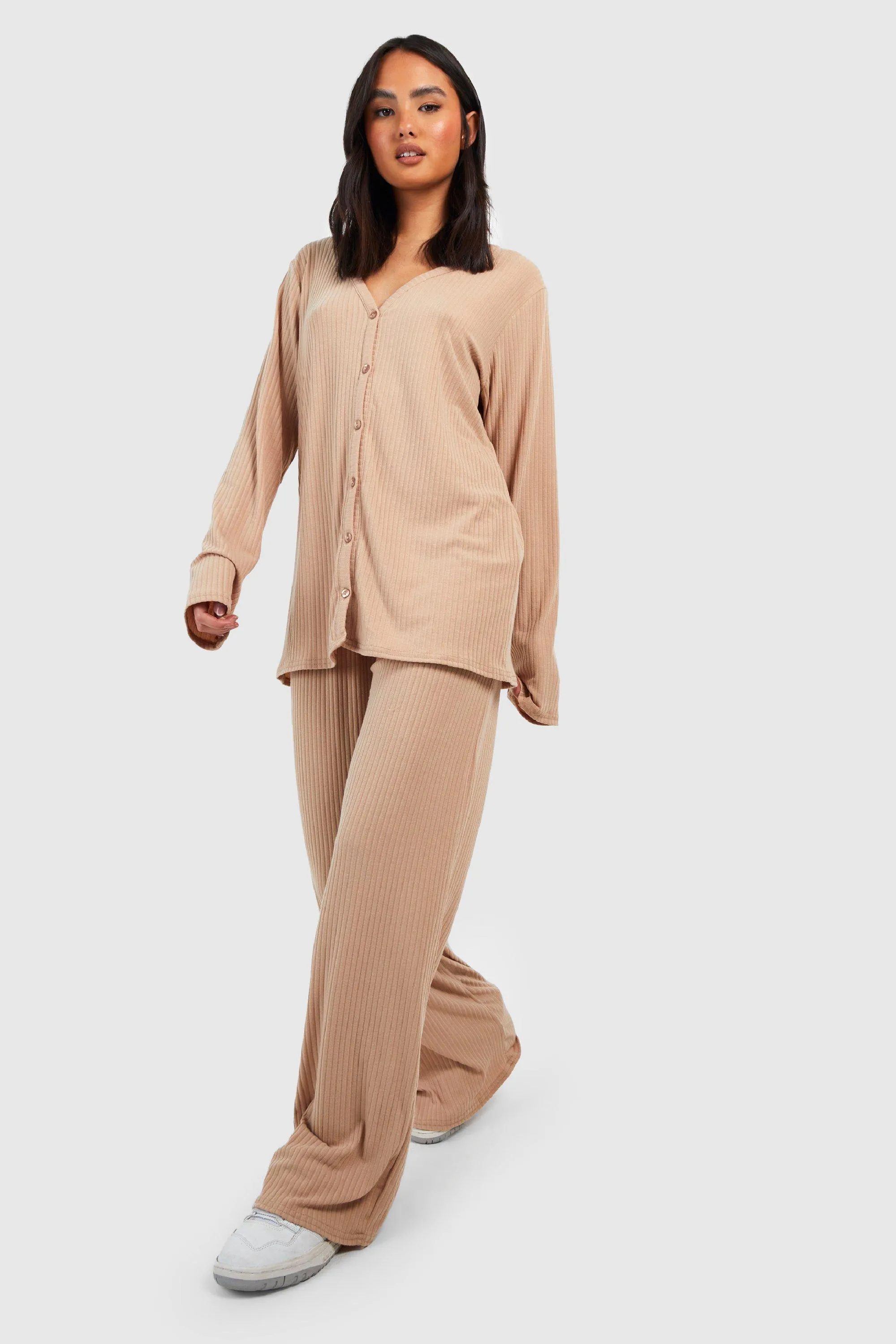 Soft Rib Knit Cardigan And Pants Relaxed Two-Piece