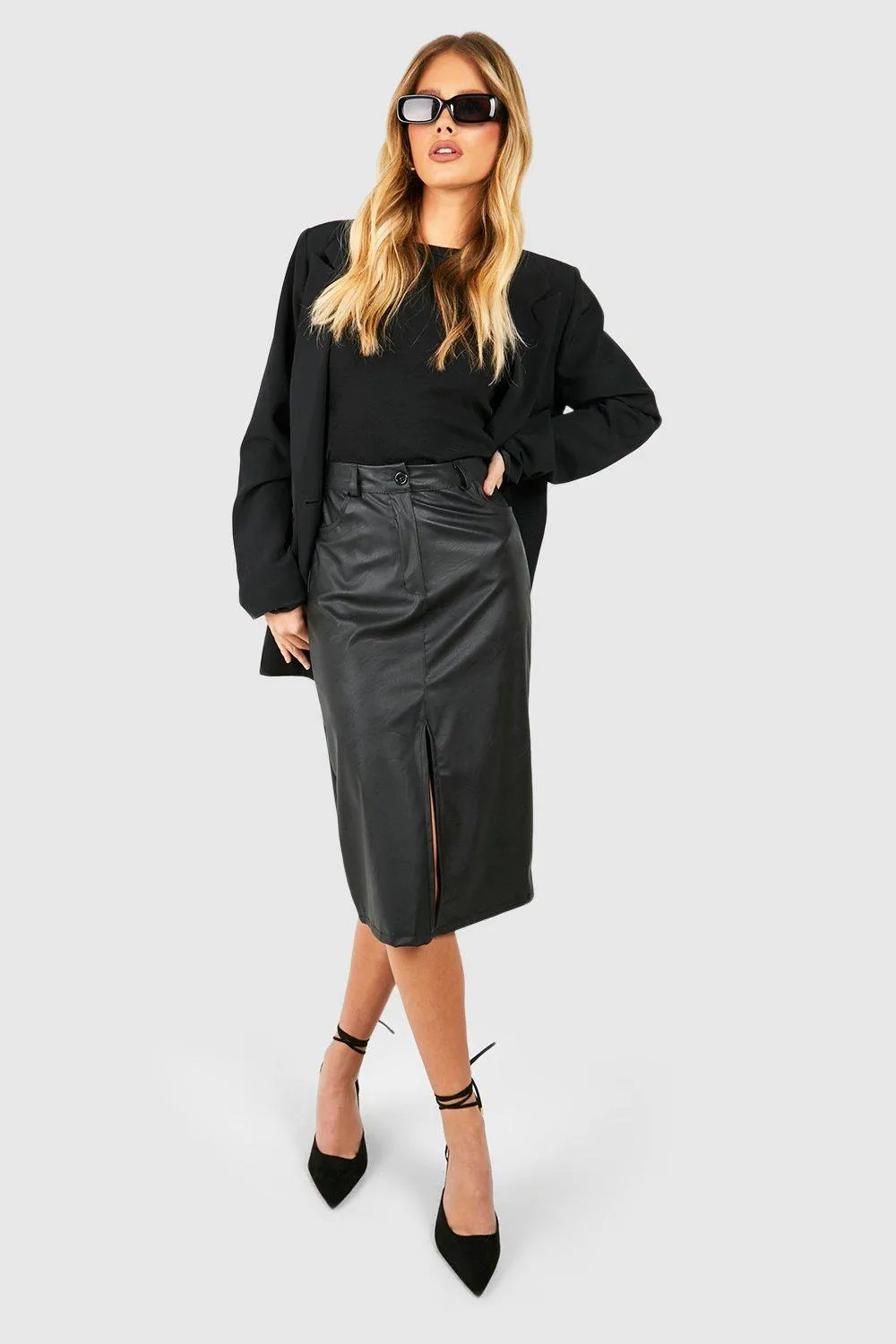 Split Front Faux Leather Midi Skirt