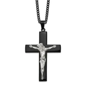 Stainless Steel Polished & Black Plated LG Crucifix Necklace, 24 Inch