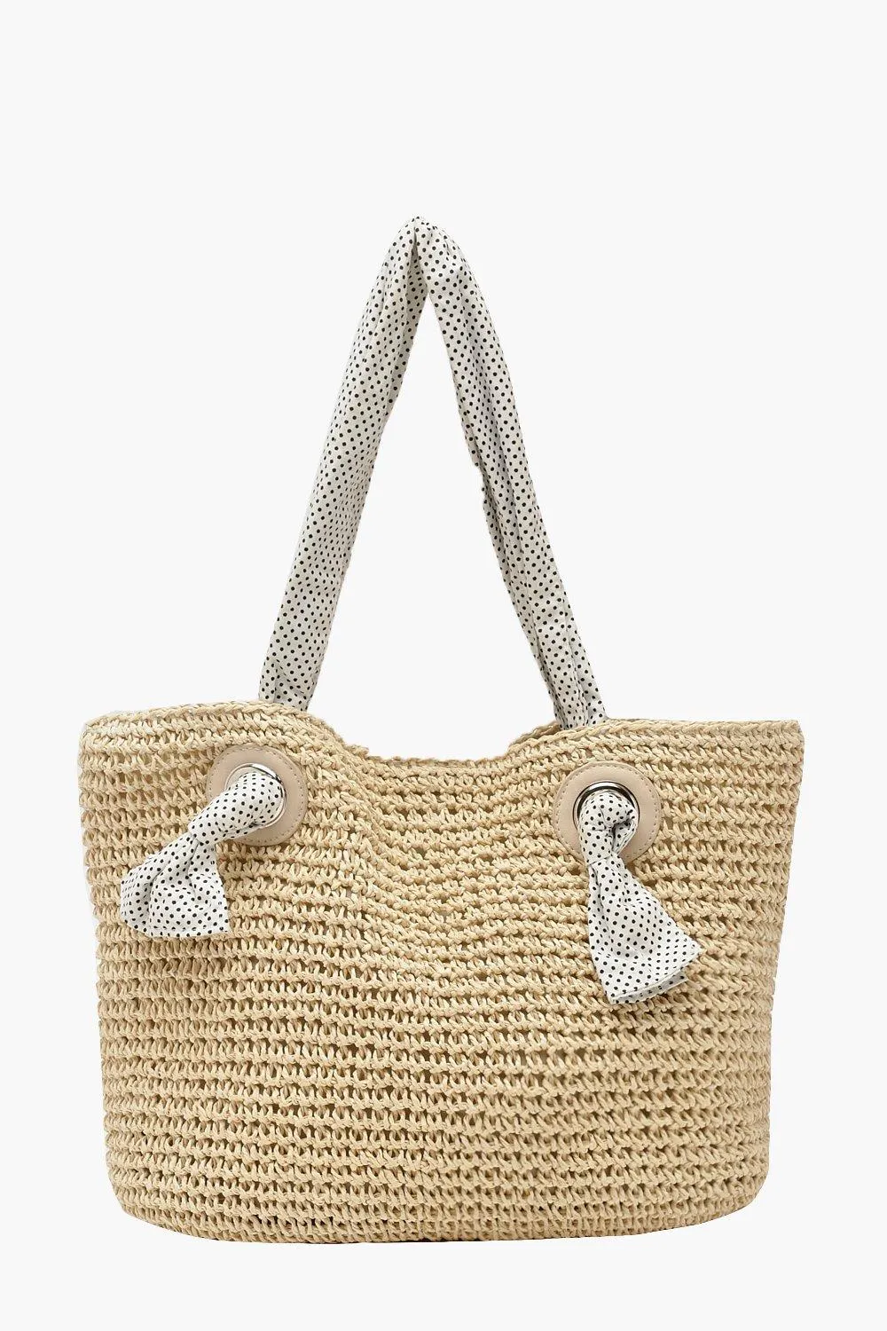 Straw Beach Bag With Spotty Handle