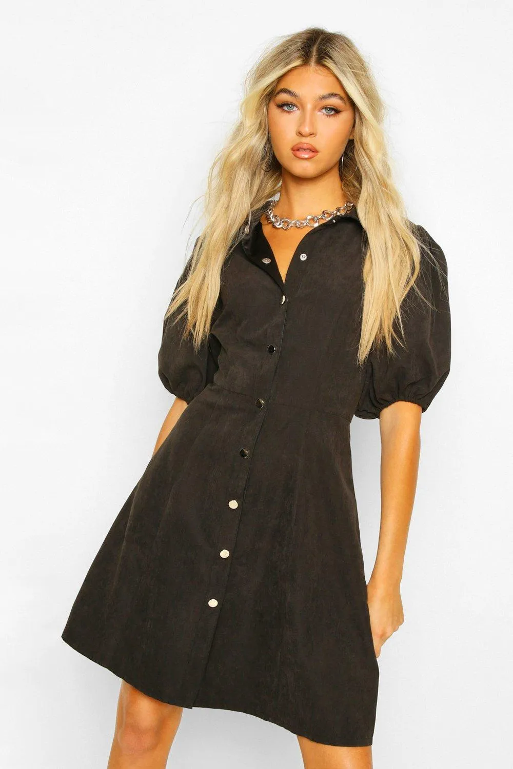 Tall Faux Suede Puff Sleeve Skater Dress