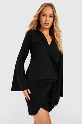 Tall Wrap Tie Mini Flare Sleeve Jersey Knit Blazer Dress