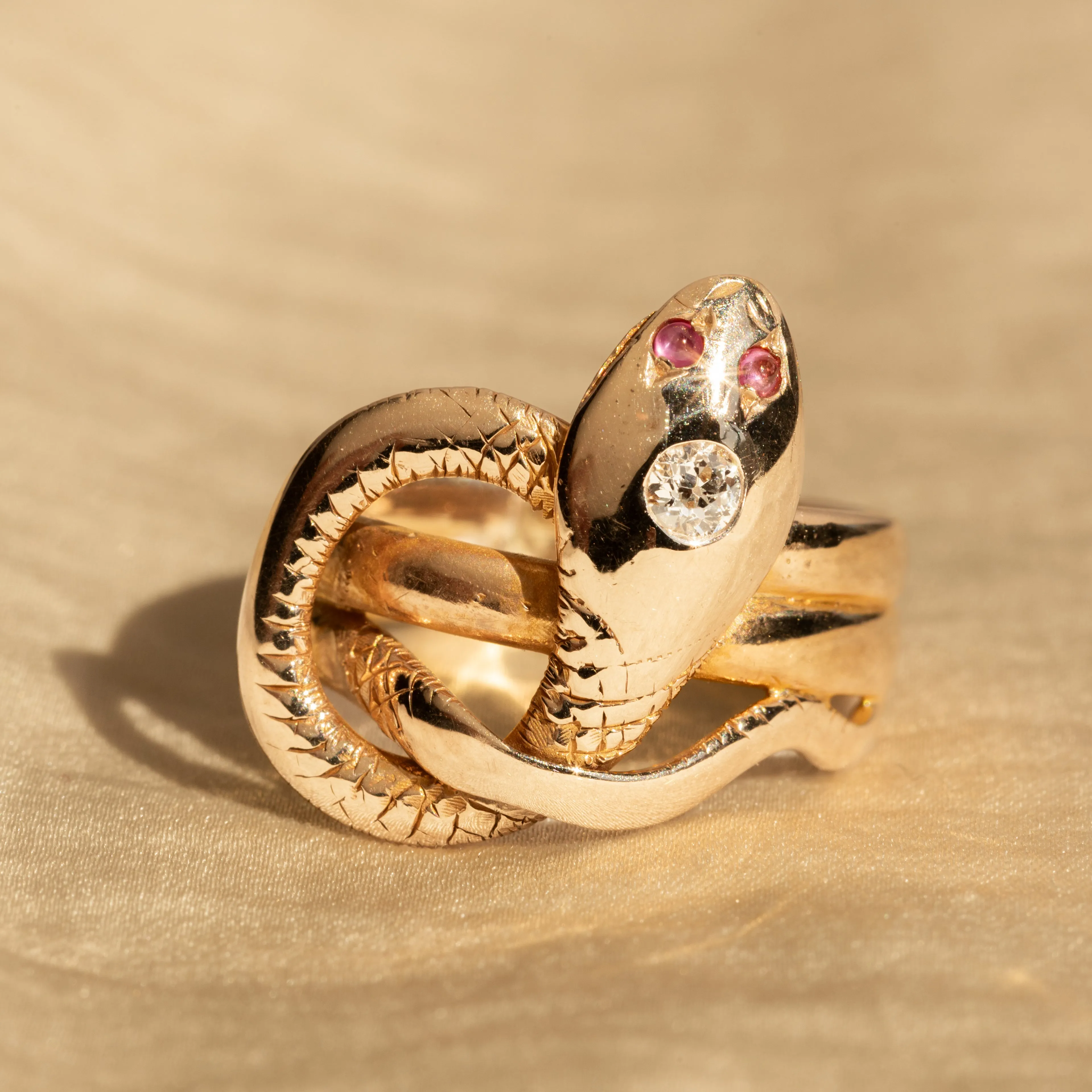 Victorian Old European Diamond Pink Sapphire Snake Ring