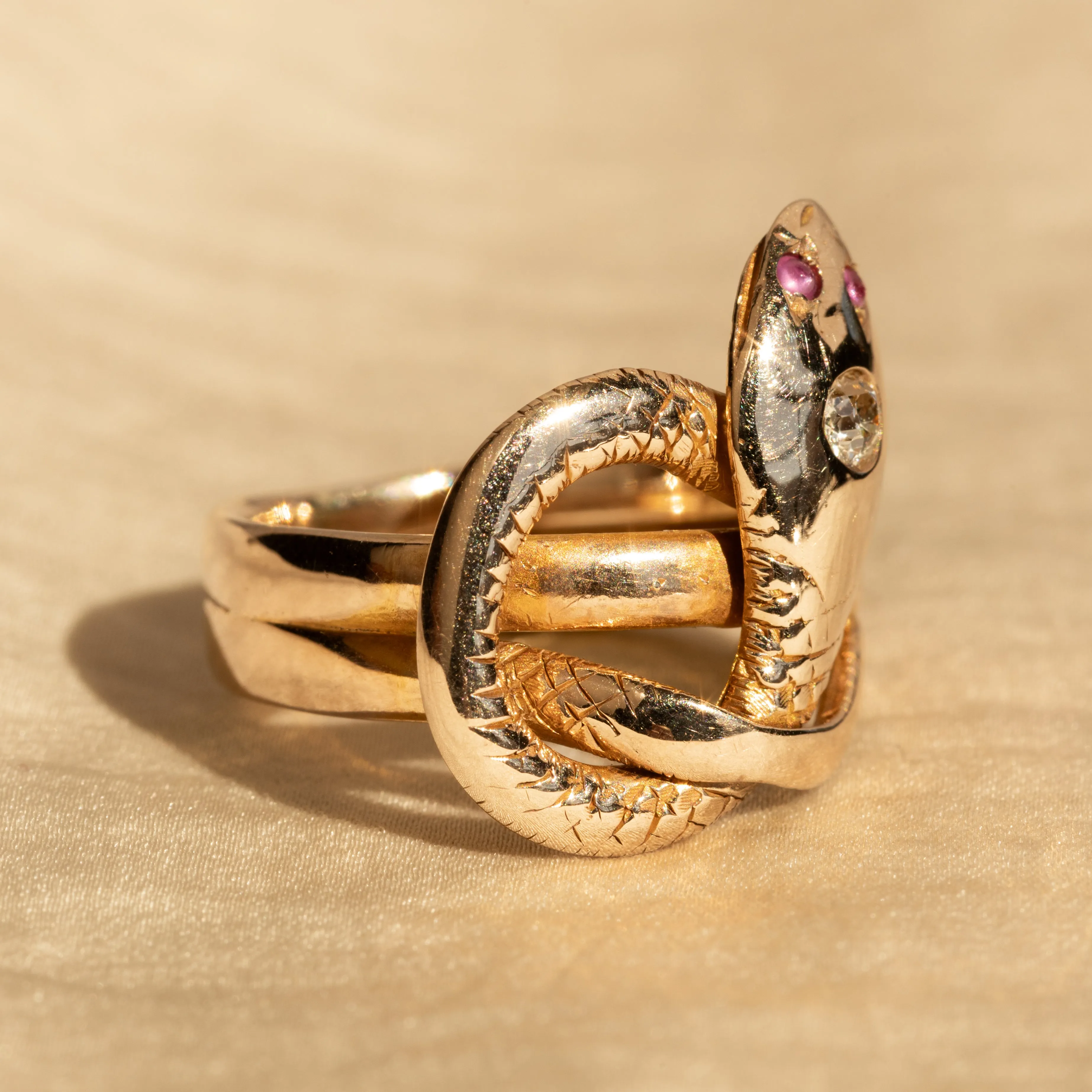 Victorian Old European Diamond Pink Sapphire Snake Ring