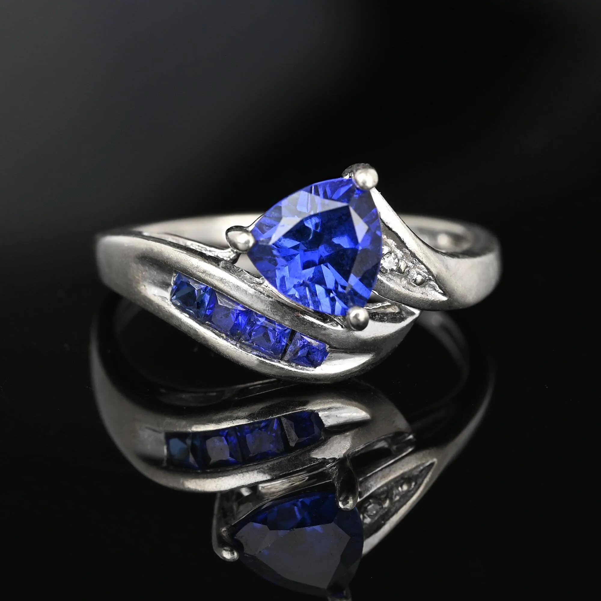 Vintage Bypass Diamond Trillion Cut Sapphire Ring in White Gold