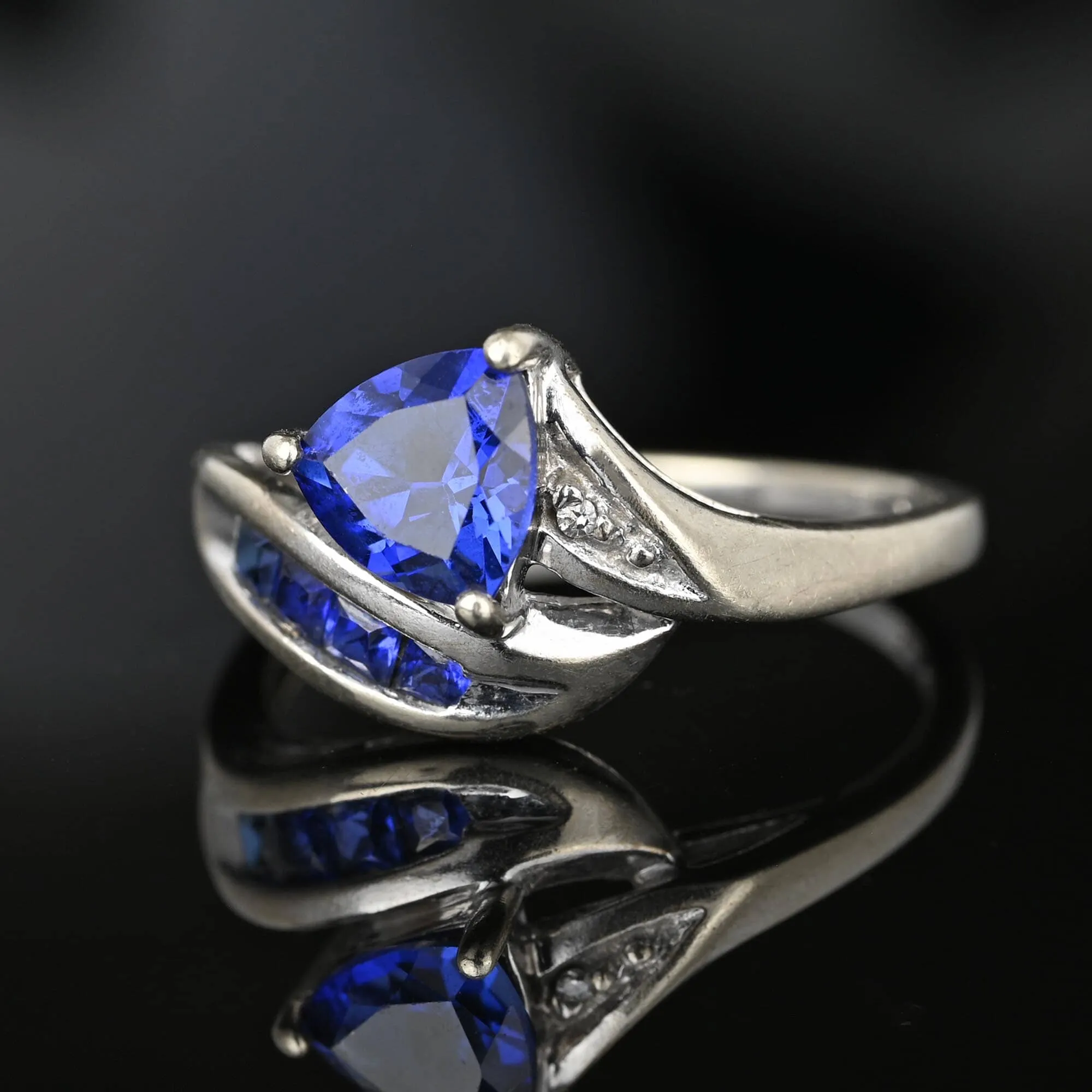 Vintage Bypass Diamond Trillion Cut Sapphire Ring in White Gold