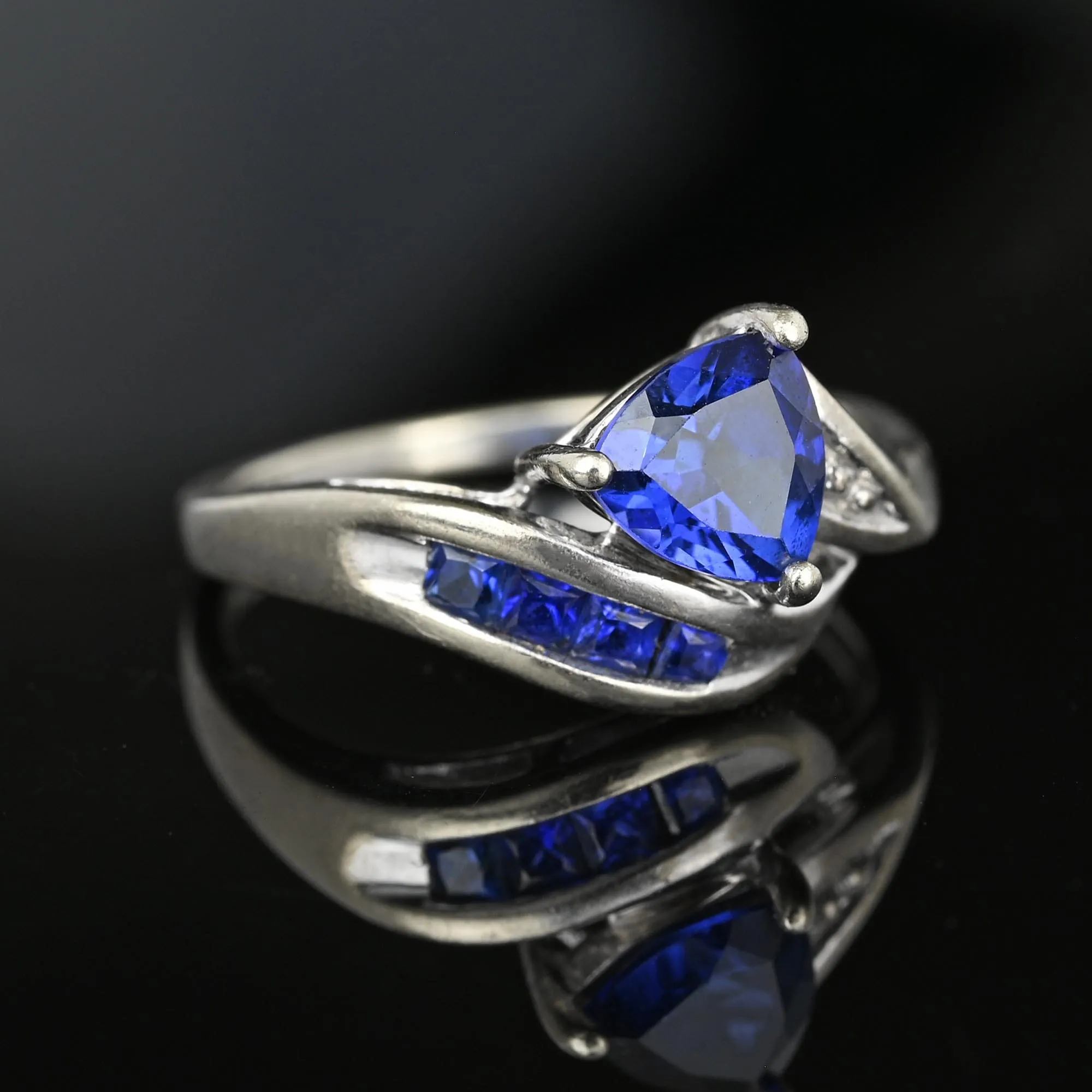 Vintage Bypass Diamond Trillion Cut Sapphire Ring in White Gold