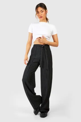 Wide Leg Pinstripe Belt Detail Pants